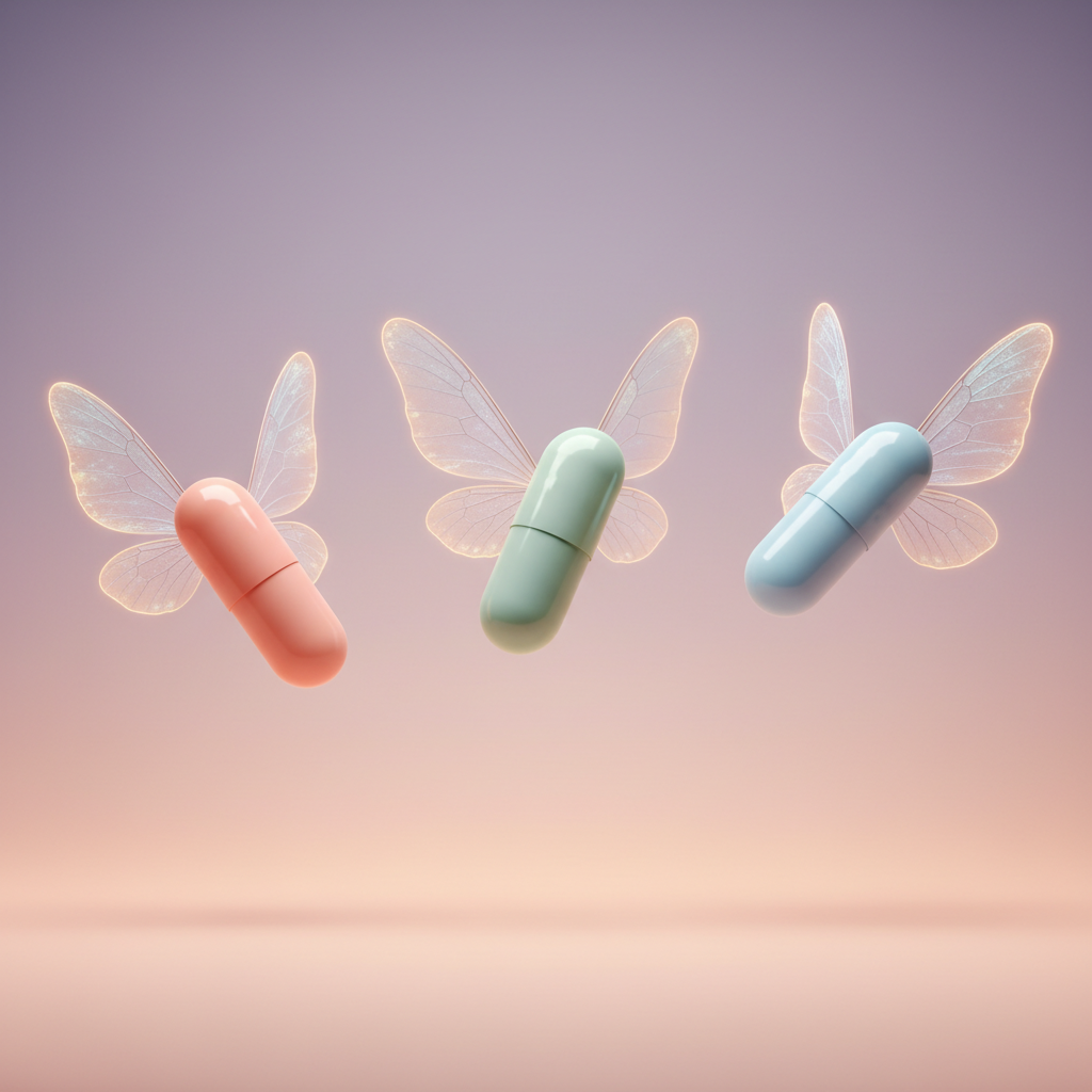 Three Aeropill capsule variants in coral, mint, and blue