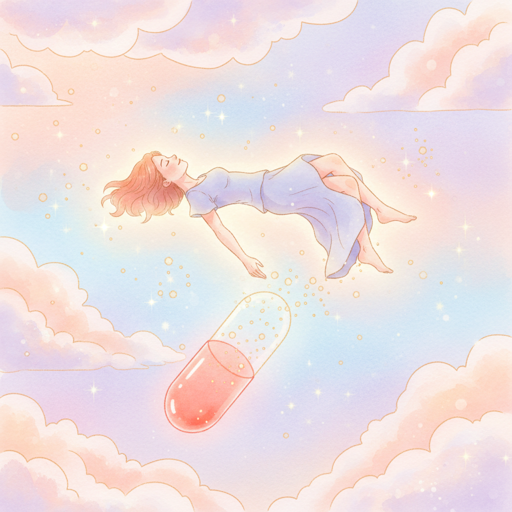 A person floating peacefully in a pastel sky
