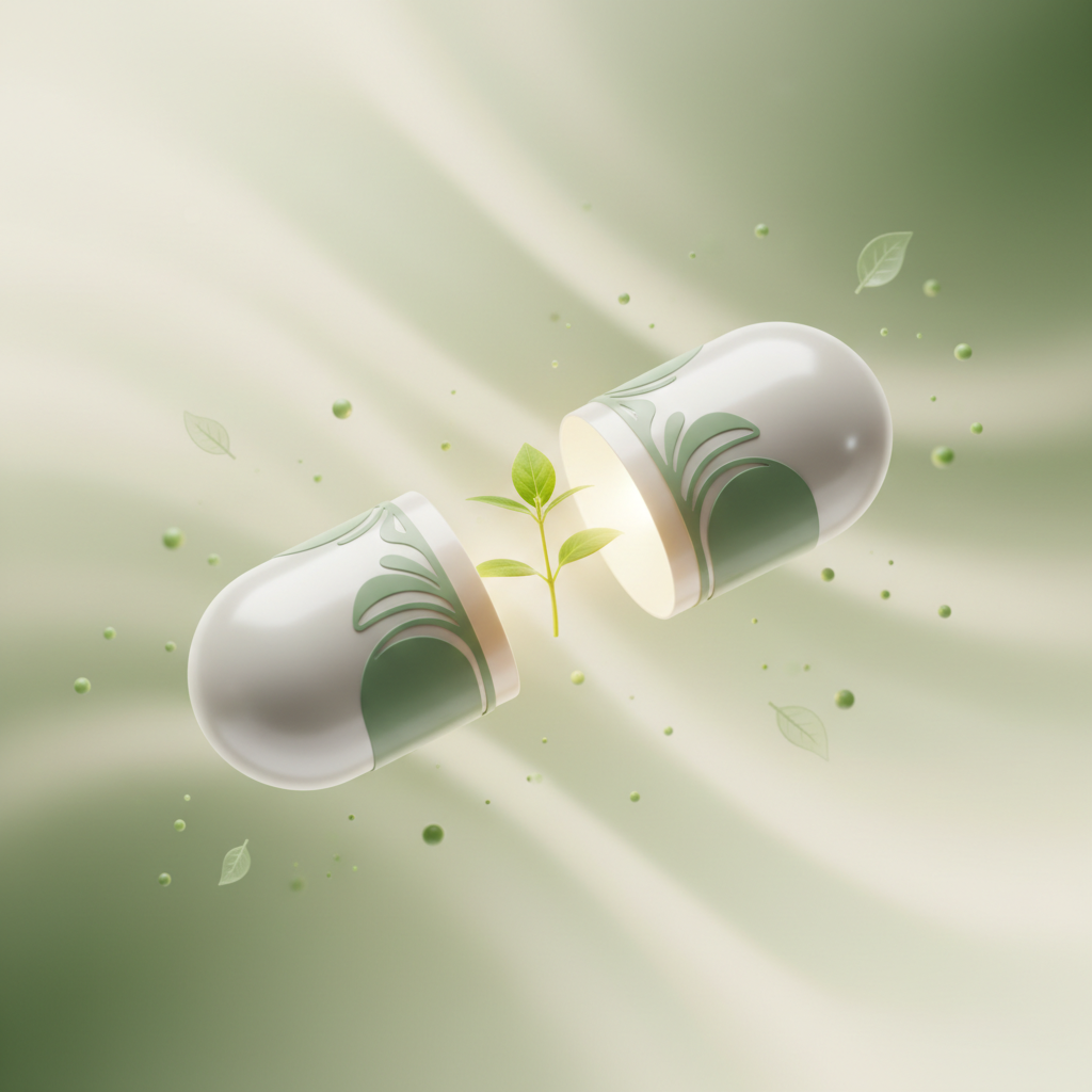 An Aeropill capsule with a green plant sprout growing from inside it